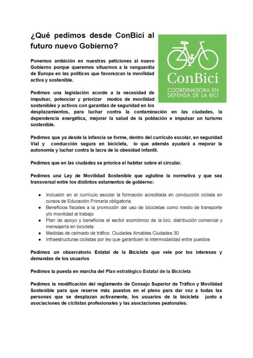 Peticiones de la Coordinadora ConBici al nuevo Gobierno